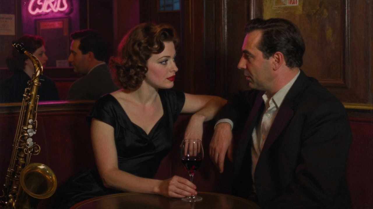 A couple sits in a cozy Parisian jazz bar, soft neon glow illuminating their attentive conversation over wine.