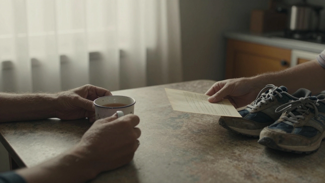 Three hands on a kitchen table holding tea, a letter, and old sneakers in soft morning light.