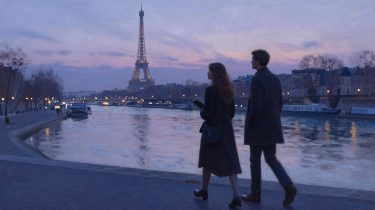 Two figures stroll along the Seine at dusk, the Eiffel Tower glowing faintly behind them under a twilight sky.